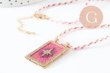 Collier médaille émaillée étoile rose violet zircon zamac doré, collier cordon tressé 45cm x1 (G9567)