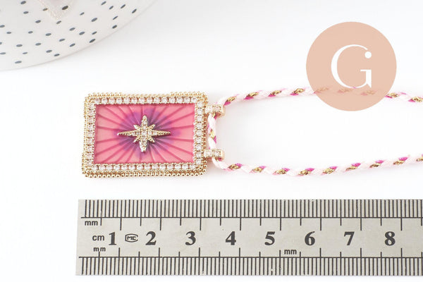 Collier médaille émaillée étoile rose violet zircon zamac doré, collier cordon tressé 45cm x1 (G9567)