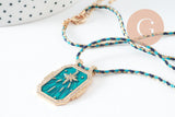 Collier médaille émaillée étoile turquoise zircon zamac doré, collier cordon tressé 45cm x1 (G9571)