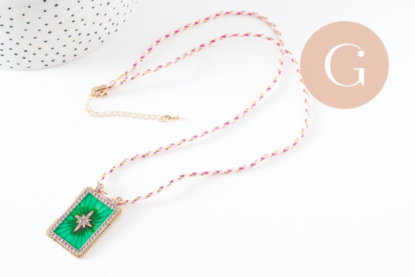 Collier médaille émaillée étoile vert zircon zamac doré, collier cordon tressé 45cm x1 (G9564)