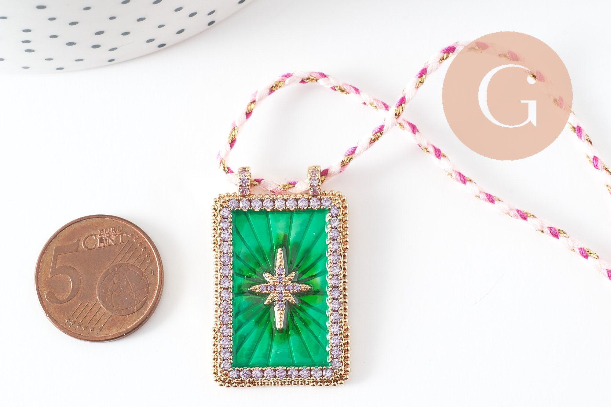 Collier médaille émaillée étoile vert zircon zamac doré, collier cordon tressé 45cm x1 (G9564)