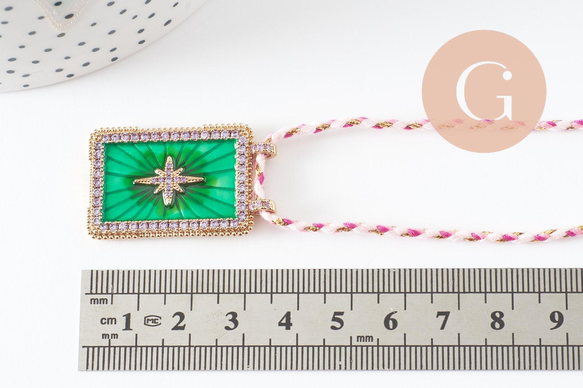 Collier médaille émaillée étoile vert zircon zamac doré, collier cordon tressé 45cm x1 (G9564)