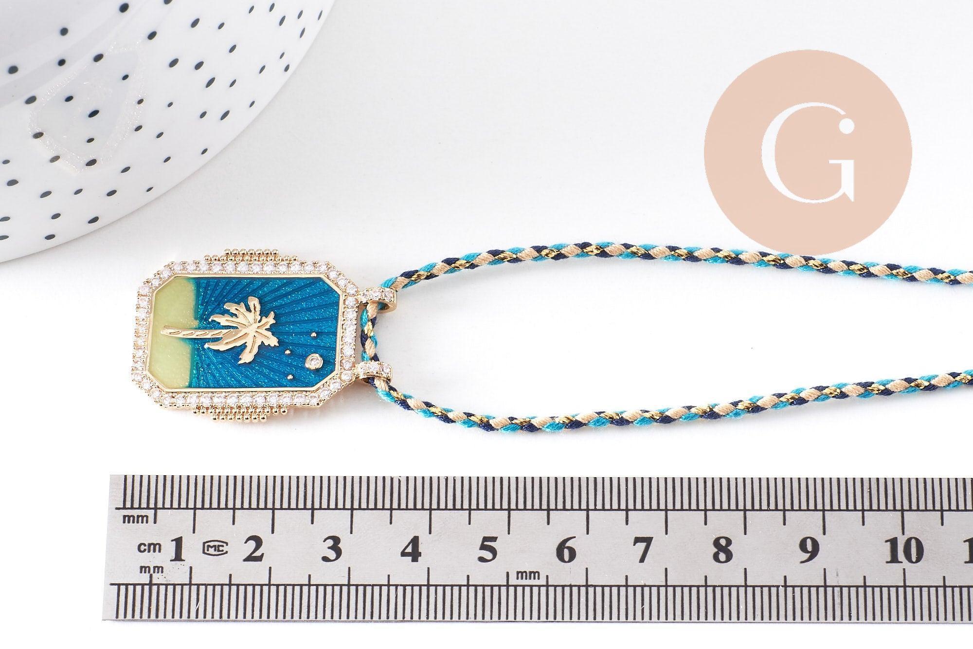 Collier médaille émaillée palmier bleu turquoise zircons cordon tressé zamac doré 45cm x1 (G10364-5)