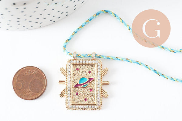 Collier médaille émaillée planète zircon zamac doré, collier cordon tressé 45cm x1 (G9566)