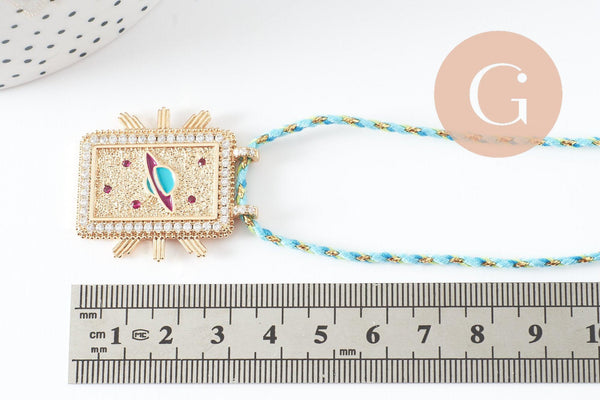 Collier médaille émaillée planète zircon zamac doré, collier cordon tressé 45cm x1 (G9566)