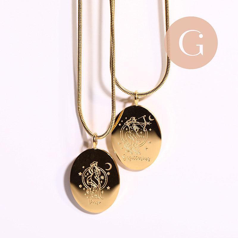 Collier médaille gravée ovale signe astrologique acier 304 inoxydable doré 30x20mm, x1 (G7648)