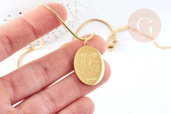 Collier médaille gravée ovale signe astrologique acier 304 inoxydable doré 30x20mm, x1 (G7648)