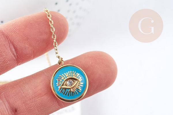 Collier médaille oeil protecteur turquoise ou noir zircon doré 304 inoxydable émaillé 45cm, cadeau anniversaire fête des mères, x1 (G8028)