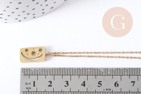 Collier médaille rectangle lune et étoiles acier 304 inoxydable doré 40cm, x1 (G9216)