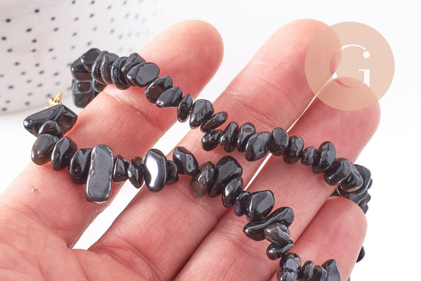 Collier obsidienne noire naturelle chips acier 304 inoxydable doré 40cm, x1 (G10266)