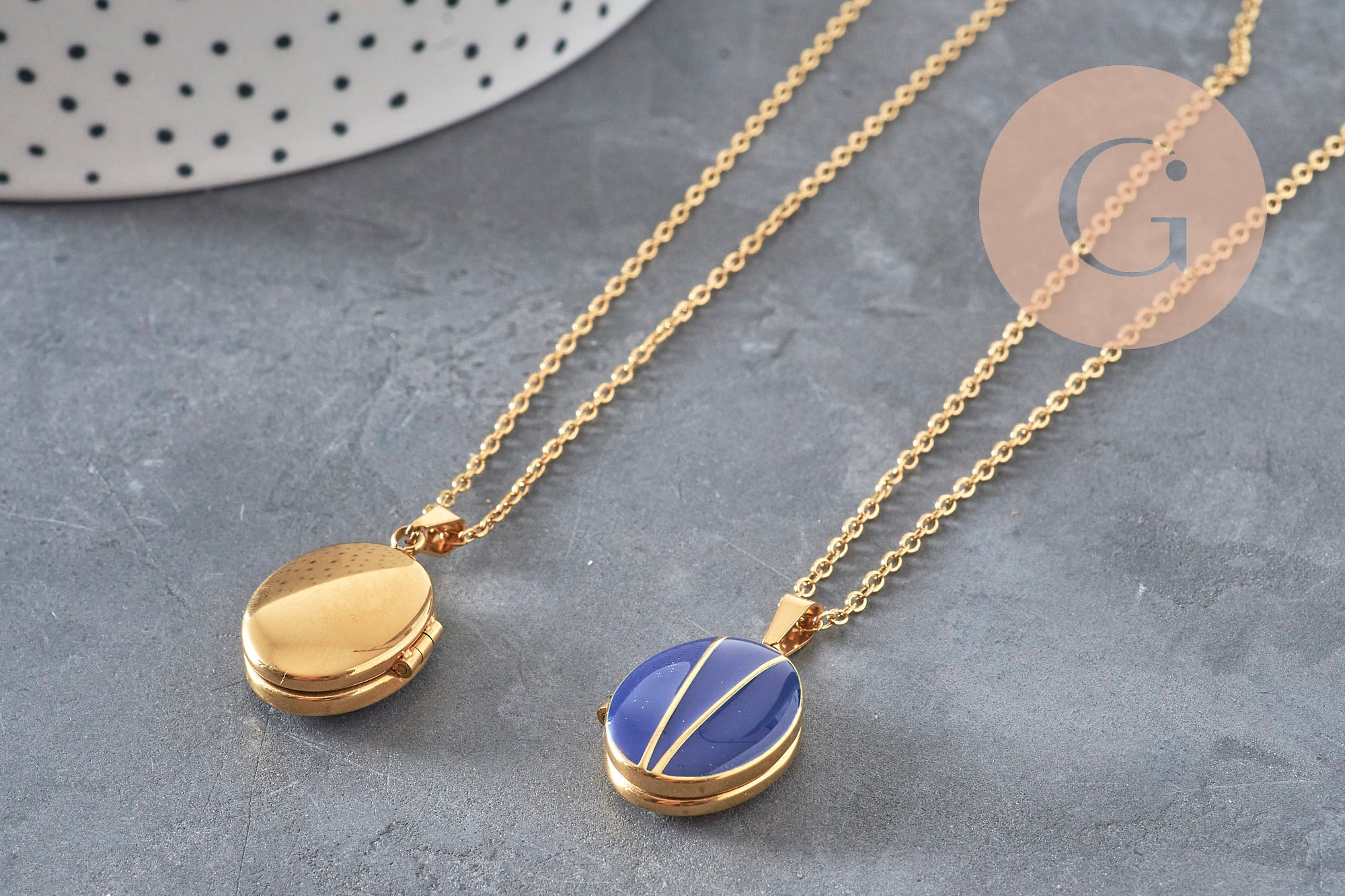 Collier pendentif locket bleu personnalisable acier 304 inoxydable doré, x1 (G11162)