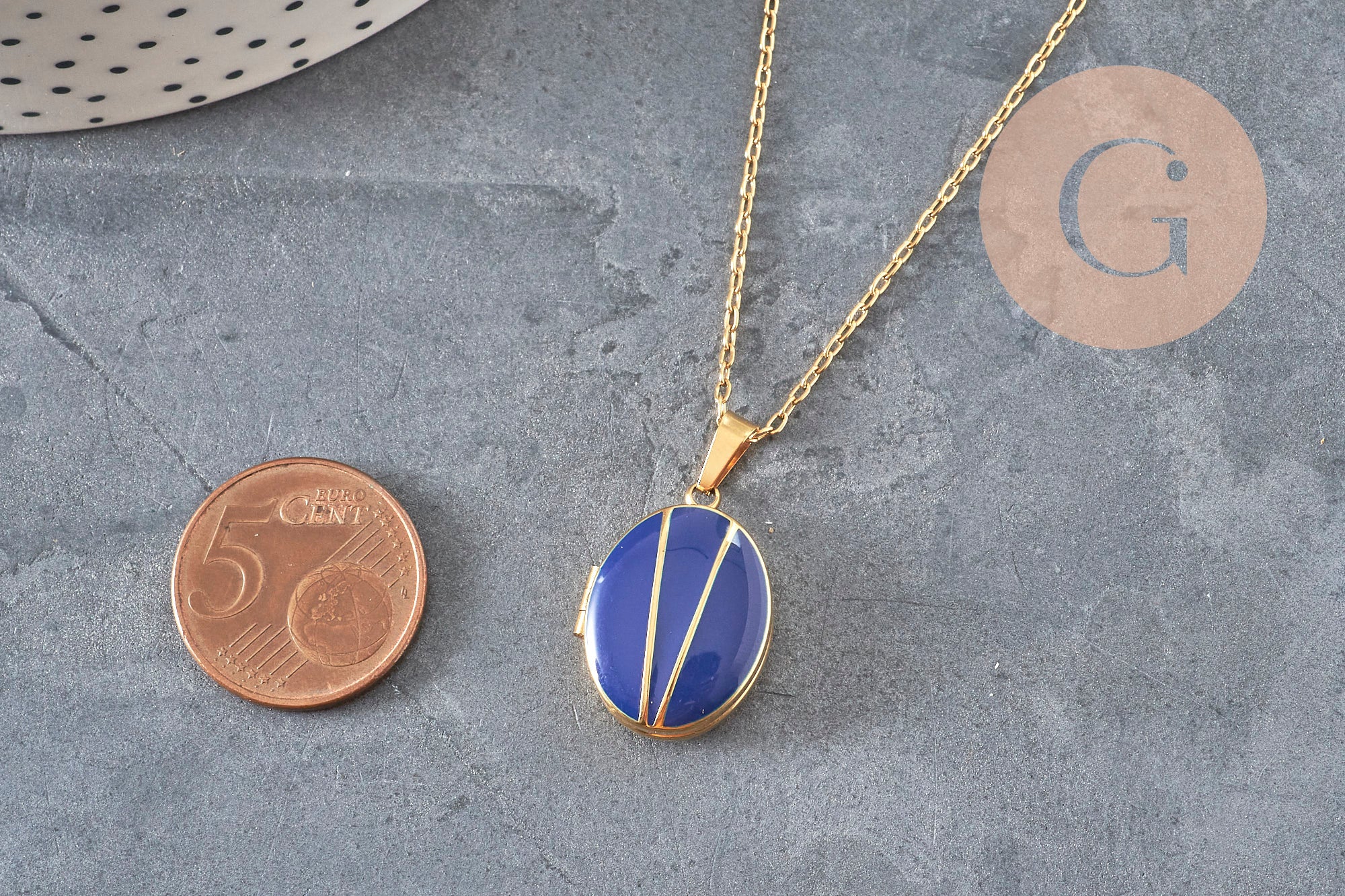 Collier pendentif locket bleu personnalisable acier 304 inoxydable doré, x1 (G11162)