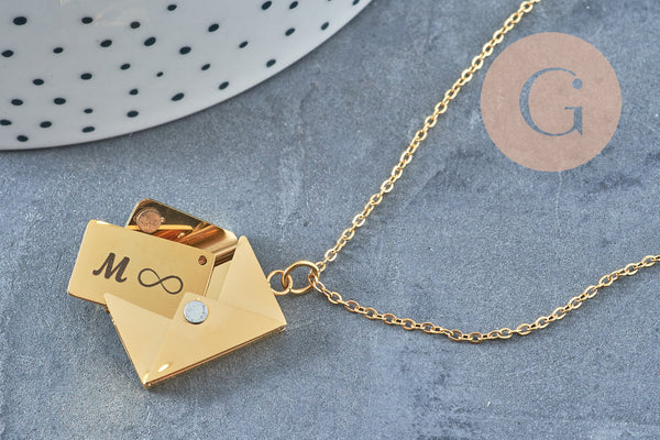 Collier pendentif locket enveloppe avec carte personnalisable acier 304 inoxydable platine, x1 (G10203)