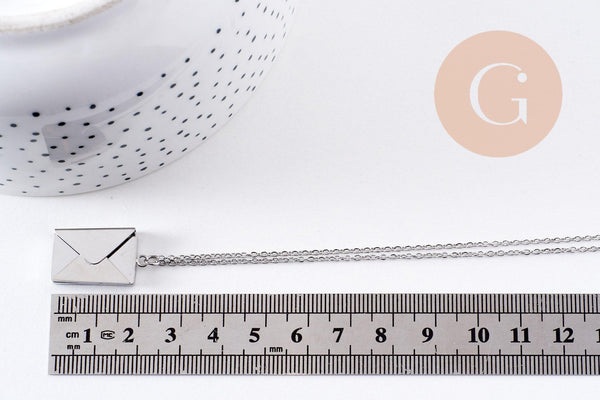 Collier pendentif locket enveloppe avec carte personnalisable acier 304 inoxydable platine, x1 (G10203)