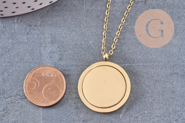 Collier pendentif rond rotatif personnalisable acier 304 inoxydable doré, x1 (G10928)
