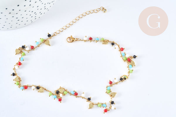 Collier réglable perles de verre facettées cœurs laiton doré 38cm, bijoux fantaisie DIY, x1, G7396