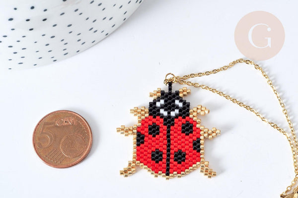 Collier sautoir pendentif tissage coccinelle perle de rocailles acier doré 50cm, cadeau pour femme, x1 (G7688)