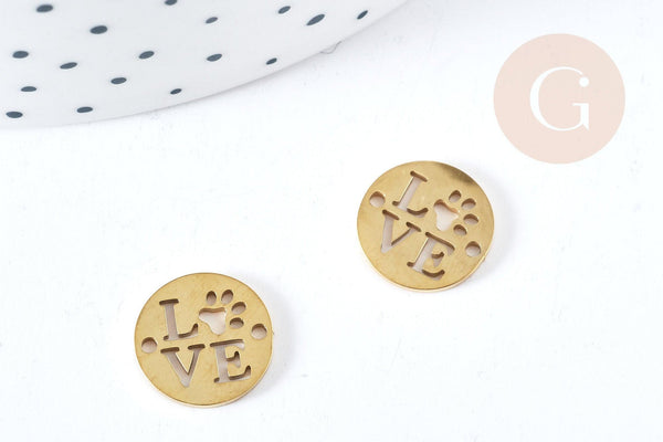 Connecteur Pendentif amour patte chien acier inoxydable doré 12mm, x1 (G8862)