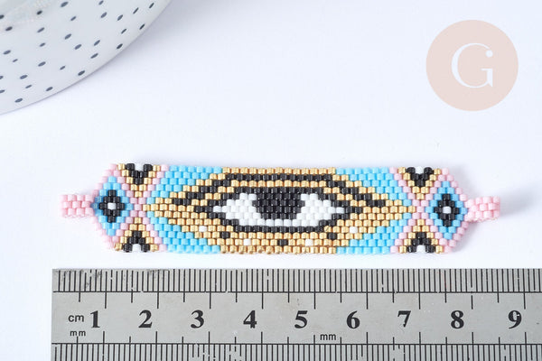 Connecteur rectangle perles de rocaille multicolore mauvais œil 17,5mm, connecteur bracelet rocaille, connecteur mauvais oeil x1 G7944