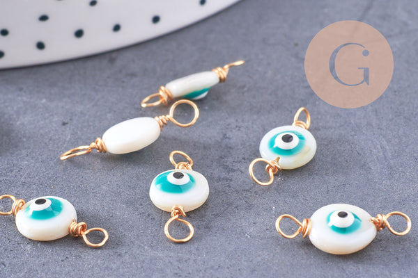 Connecteur rond nacre naturelle blanche mauvais oeil zamac doré 18.5mm, x5 (G3685)