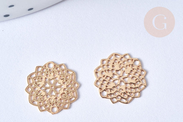 Connecteur rosace fleur laiton doré gravé 13,5mm, connecteur pour création pendentif romantique,x2 (G7788)