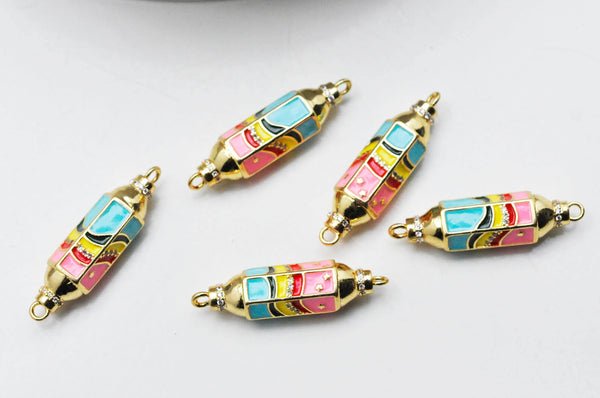 Connecteur tube talisman arc-en -ciel laiton doré 18K émaillé 37.5mm, x1