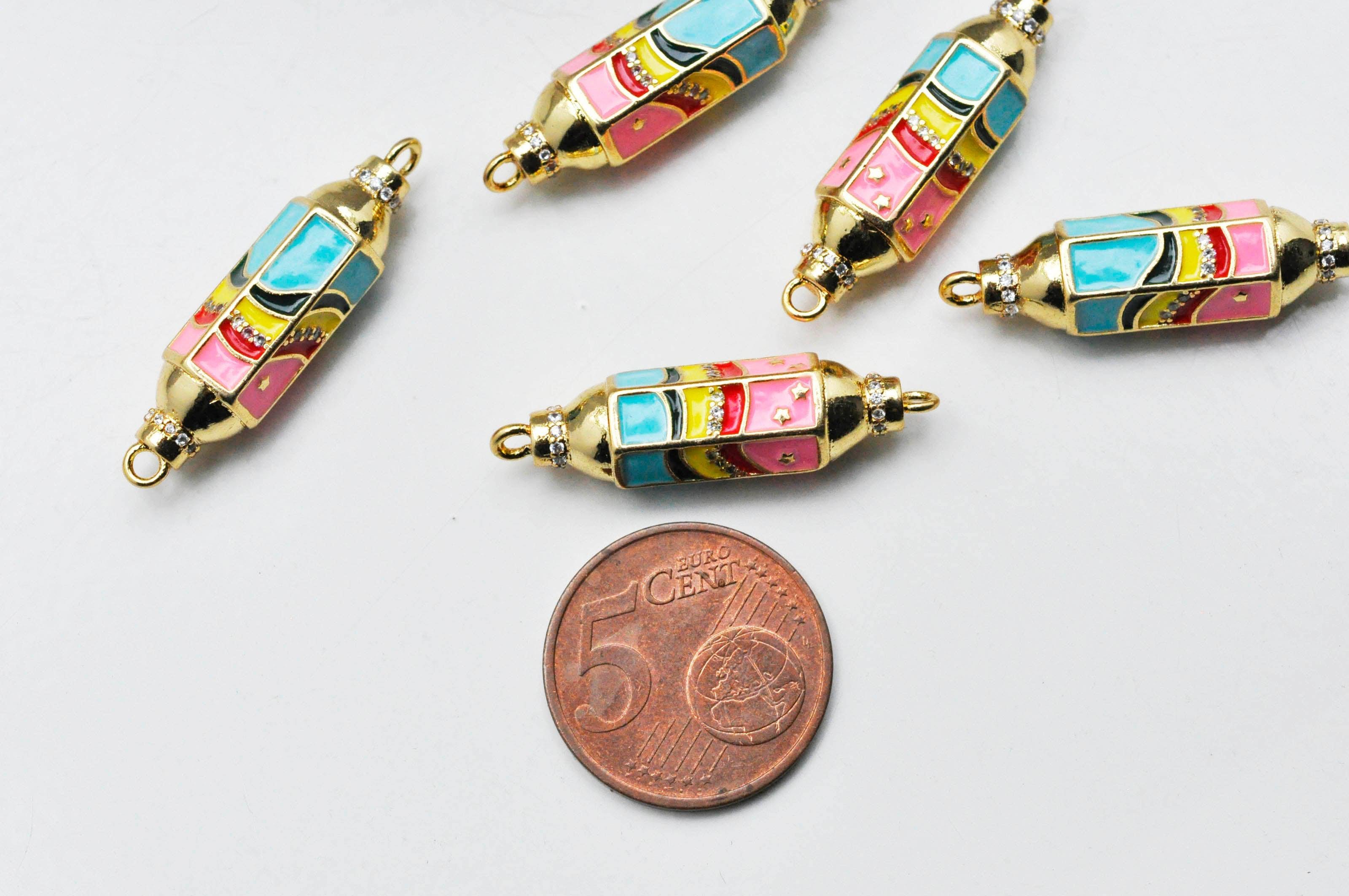 Connecteur tube talisman arc-en -ciel laiton doré 18K émaillé 37.5mm, x1
