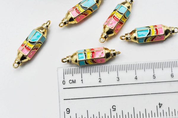 Connecteur tube talisman arc-en -ciel laiton doré 18K émaillé 37.5mm, x1