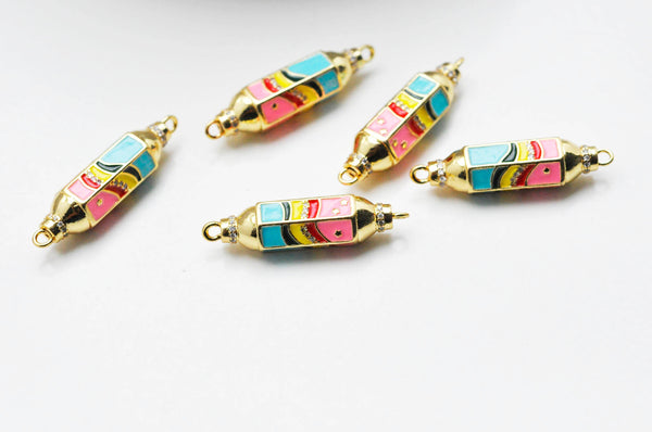 Connecteur tube talisman arc-en -ciel laiton doré 18K émaillé 37.5mm, x1