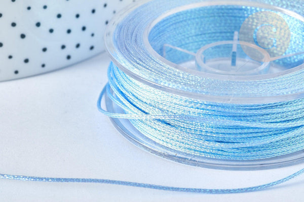 Cordon Métallique tressé bleu clair polyester 1mm, cordon pour bijoux, x 1Mètre G7472