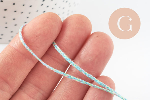 Cordon en polyester tressé Turquoise jaune 2mm, cordon pour bijoux scrapbooking et fabrication bijoux, x1 mètre (G9882)