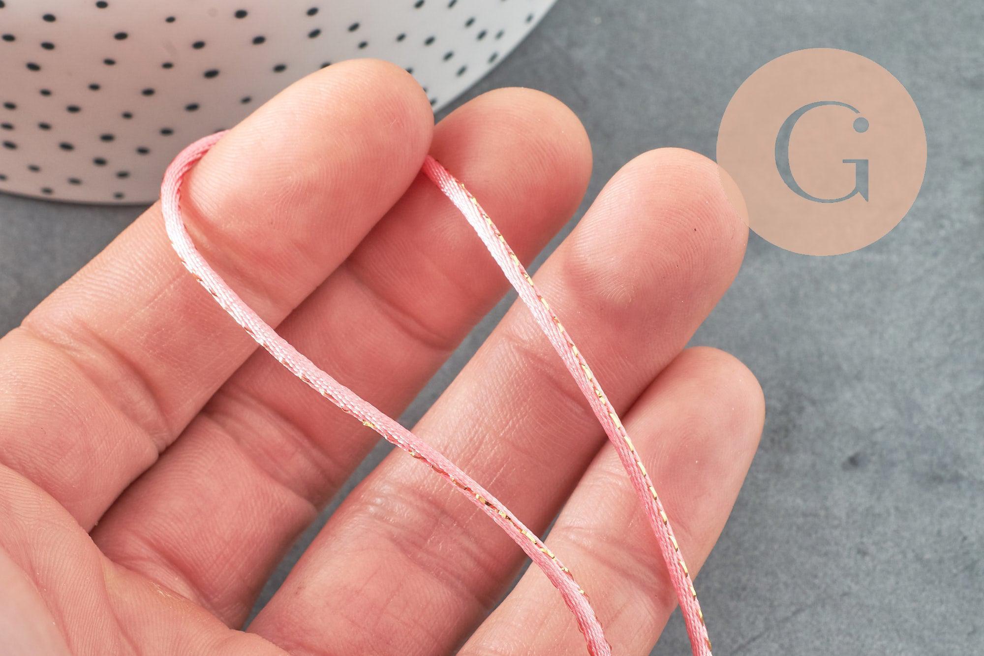 Cordon queue de rat nylon satiné rose et or 1.5mm, x1 mètre (G3762)