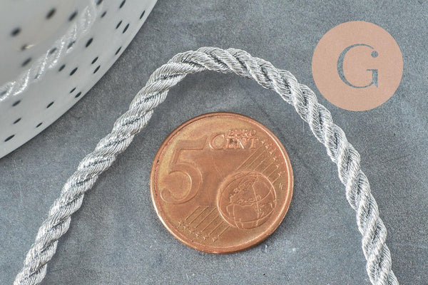 Cordon satiné torsadé argent 2-3mm, x1 ou x5 mètres (G1382)