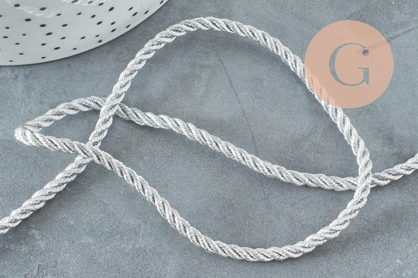 Cordon satiné torsadé argent 2-3mm, x1 ou x5 mètres (G1382)