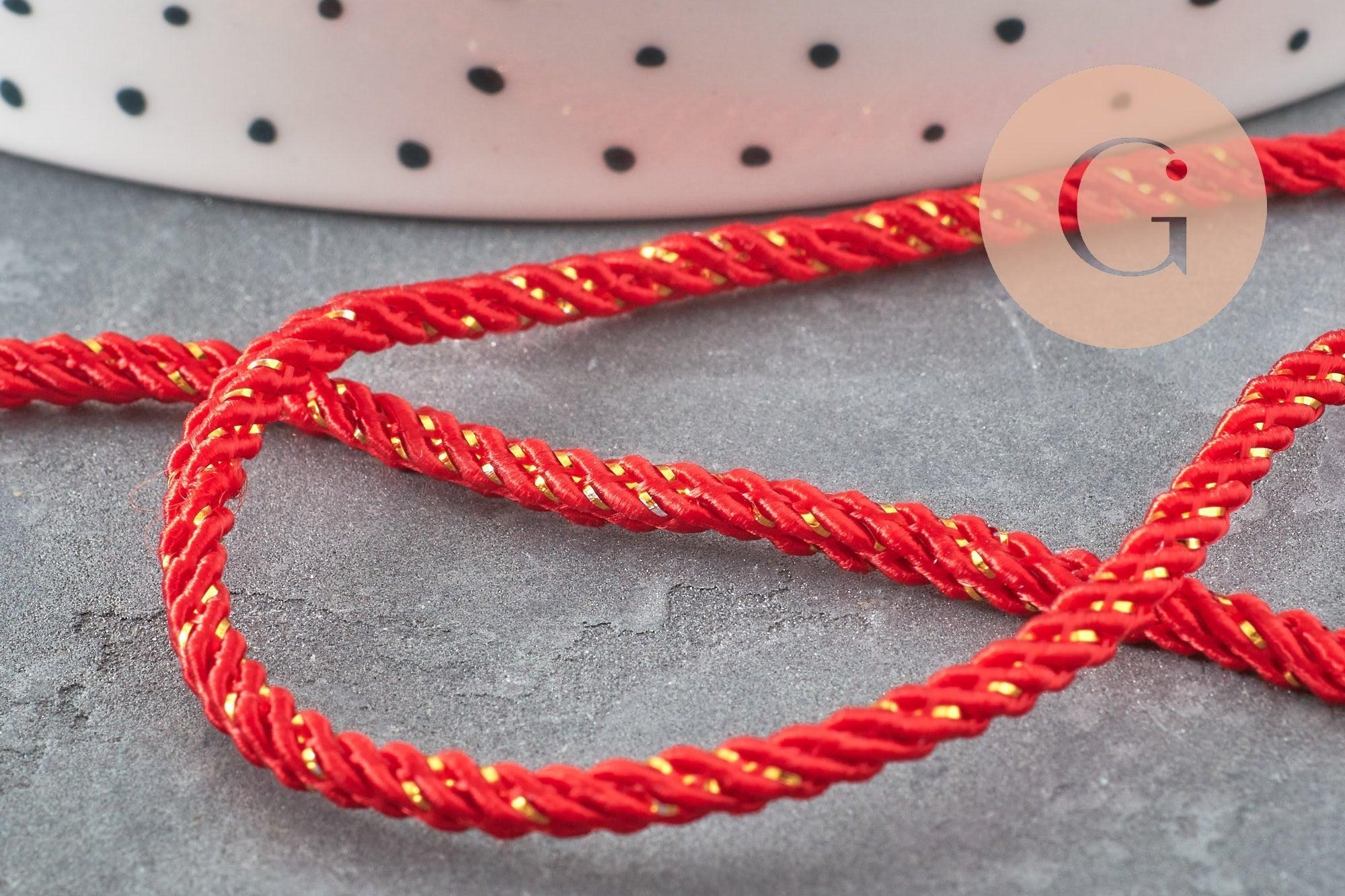 Cordon satiné torsadé rouge et or largeur 2.5-3mm, x1 mètre (G6713)