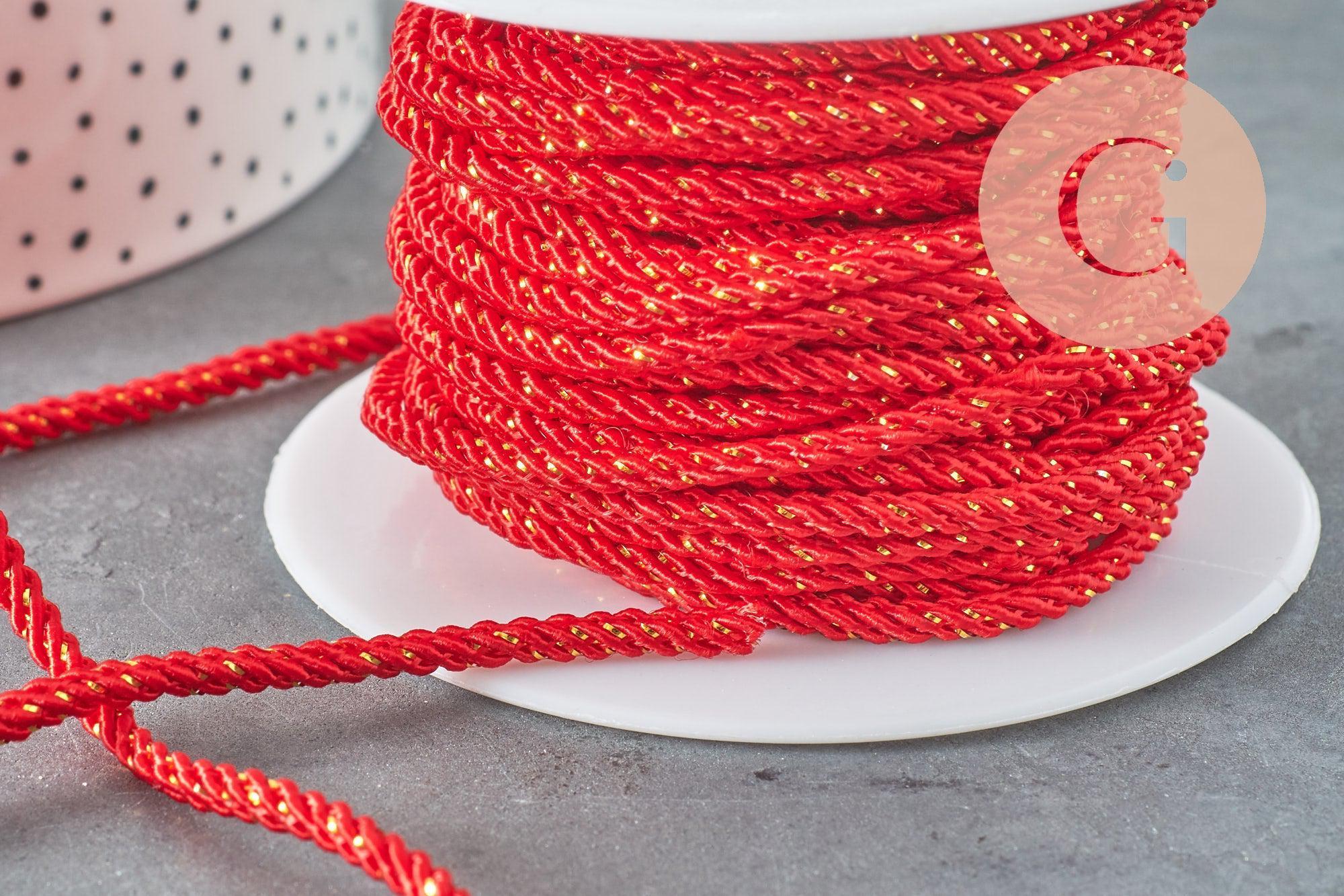 Cordon satiné torsadé rouge et or largeur 2.5-3mm, x1 mètre (G6713)