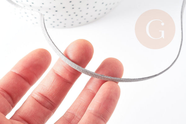 Cordon suédé gris à paillettes imitation cuir 3-4mm, x1 mètre (G1646)