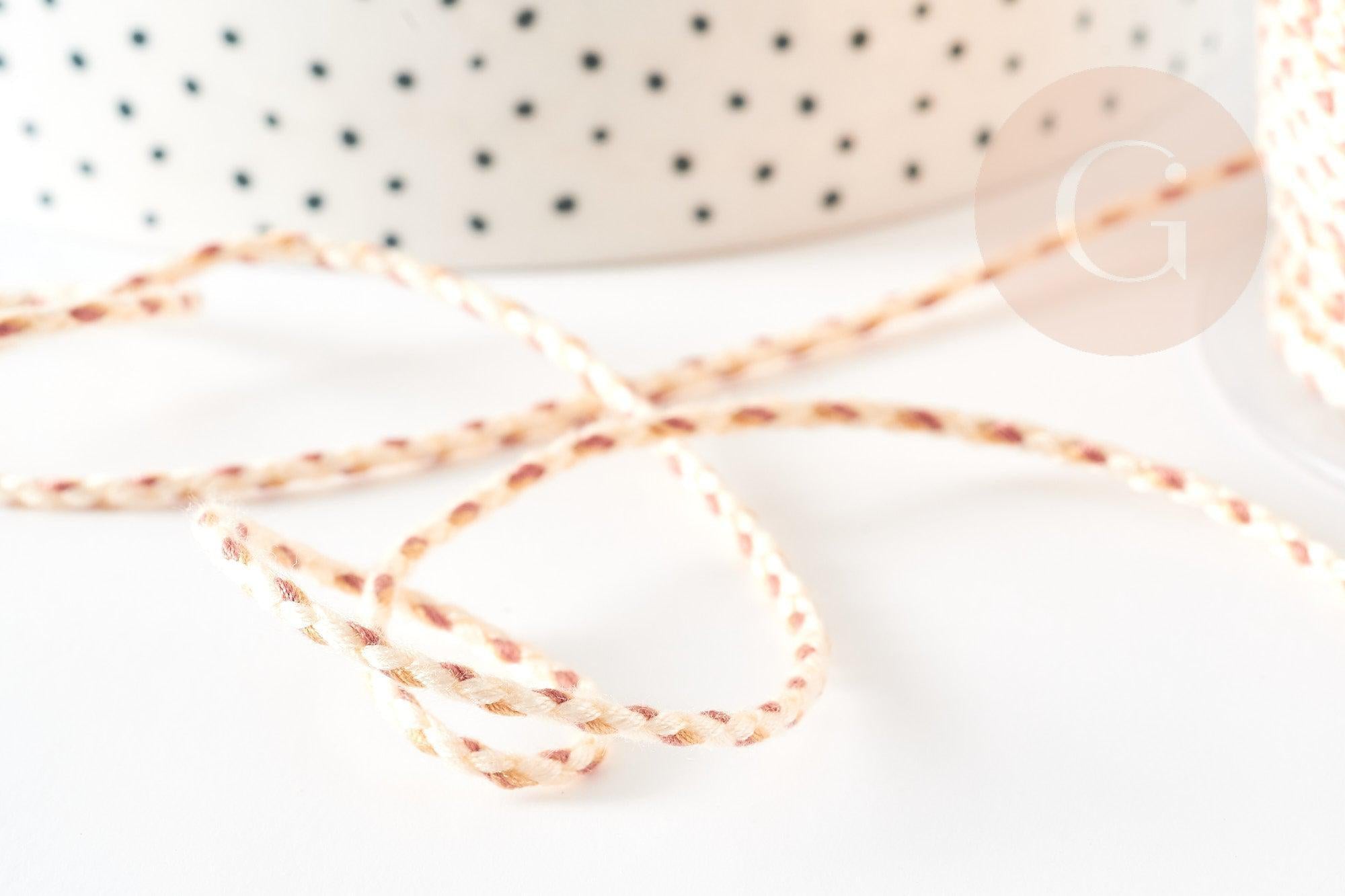 Cordon tressé Beige rose blanc 2mm, x 1 mètre (G9118)