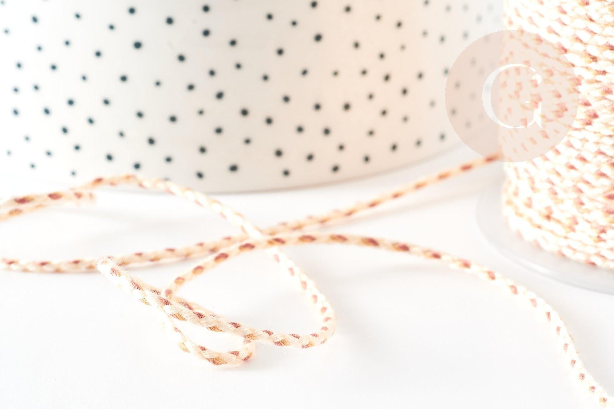 Cordon tressé Beige rose blanc 2mm, x 1 mètre (G9118)