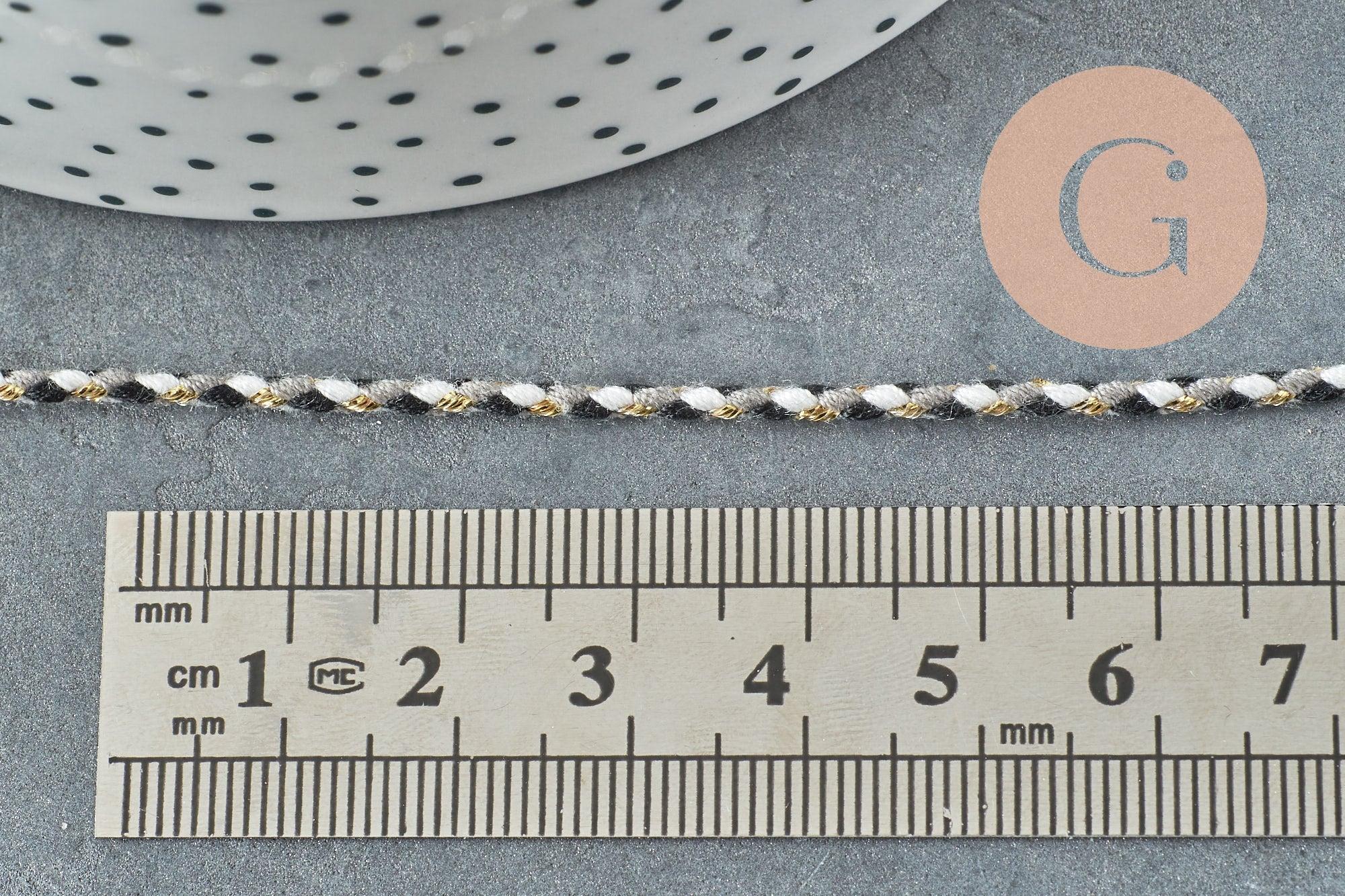 Cordon tressé Blanc noir gris fil doré 2mm, x1 mètre (G5860)