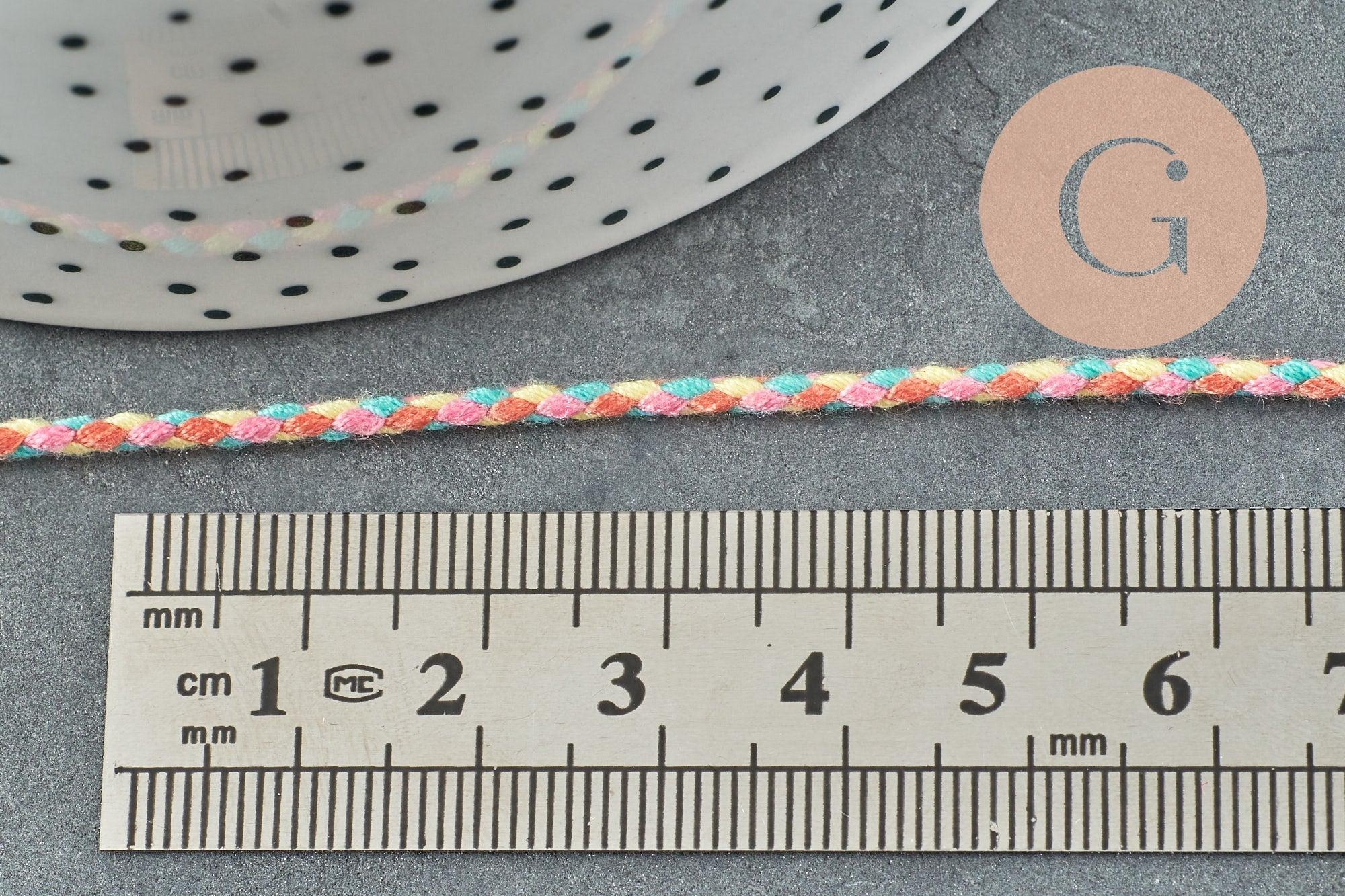 Cordon tressé Orange Jaune Rose bleu 2mm, cordon multicolore scrapbooking, cordon décoration, x1 mètre G5933