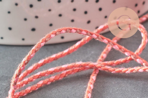 Cordon tressé Rose corail taupe 2mm, cordon pour bijoux,cordon multicolore scrapbooking,corde décoration, x1 mètre G5813