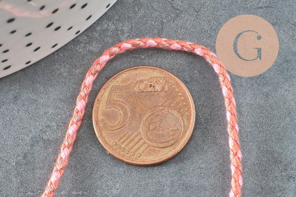 Cordon tressé Rose corail taupe 2mm, cordon pour bijoux,cordon multicolore scrapbooking,corde décoration, x1 mètre G5813