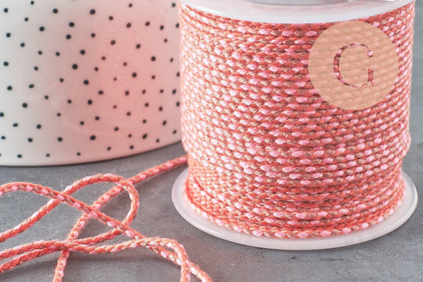 Cordon tressé Rose corail taupe 2mm, cordon pour bijoux,cordon multicolore scrapbooking,corde décoration, x1 mètre G5813