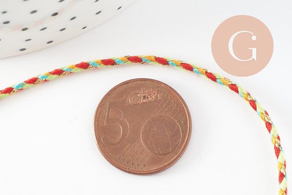 Cordon tressé Vert Jaune Rouge bleu or 2mm x1 mètre G9730