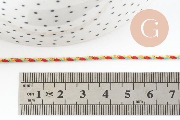 Cordon tressé Vert Jaune Rouge bleu or 2mm x1 mètre G9730