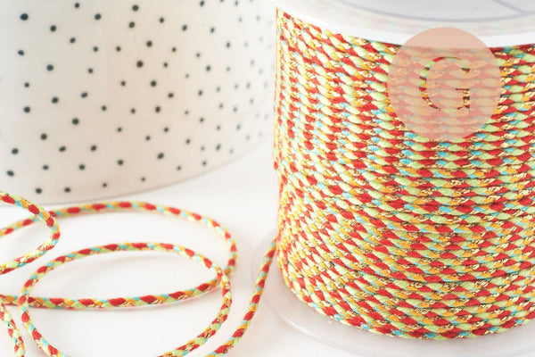 Cordon tressé Vert Jaune Rouge bleu or 2mm x1 mètre G9730