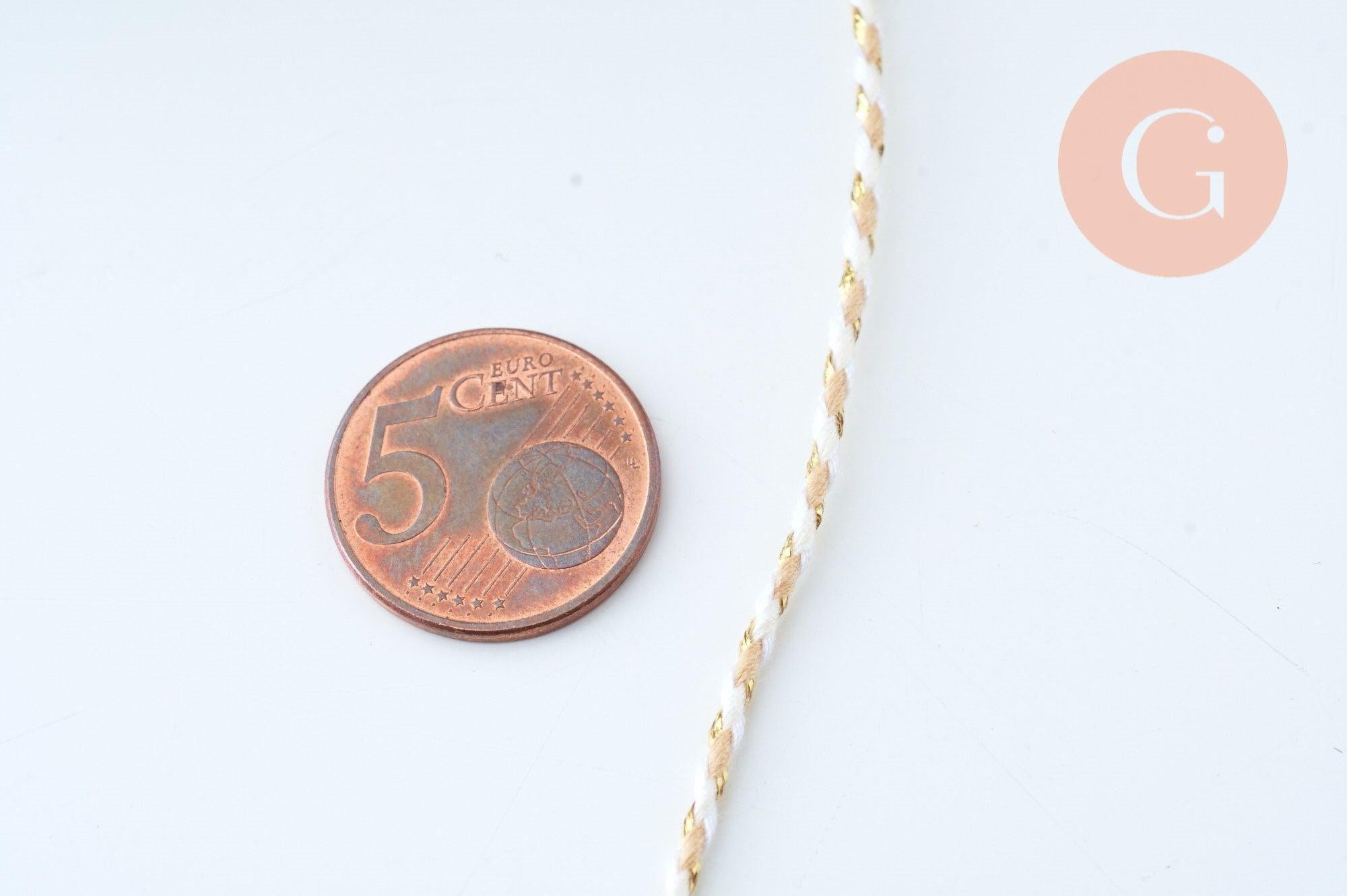 Cordon tressé blanc beige fil doré 1.5mm-2mm, x1 mètre (G6069)