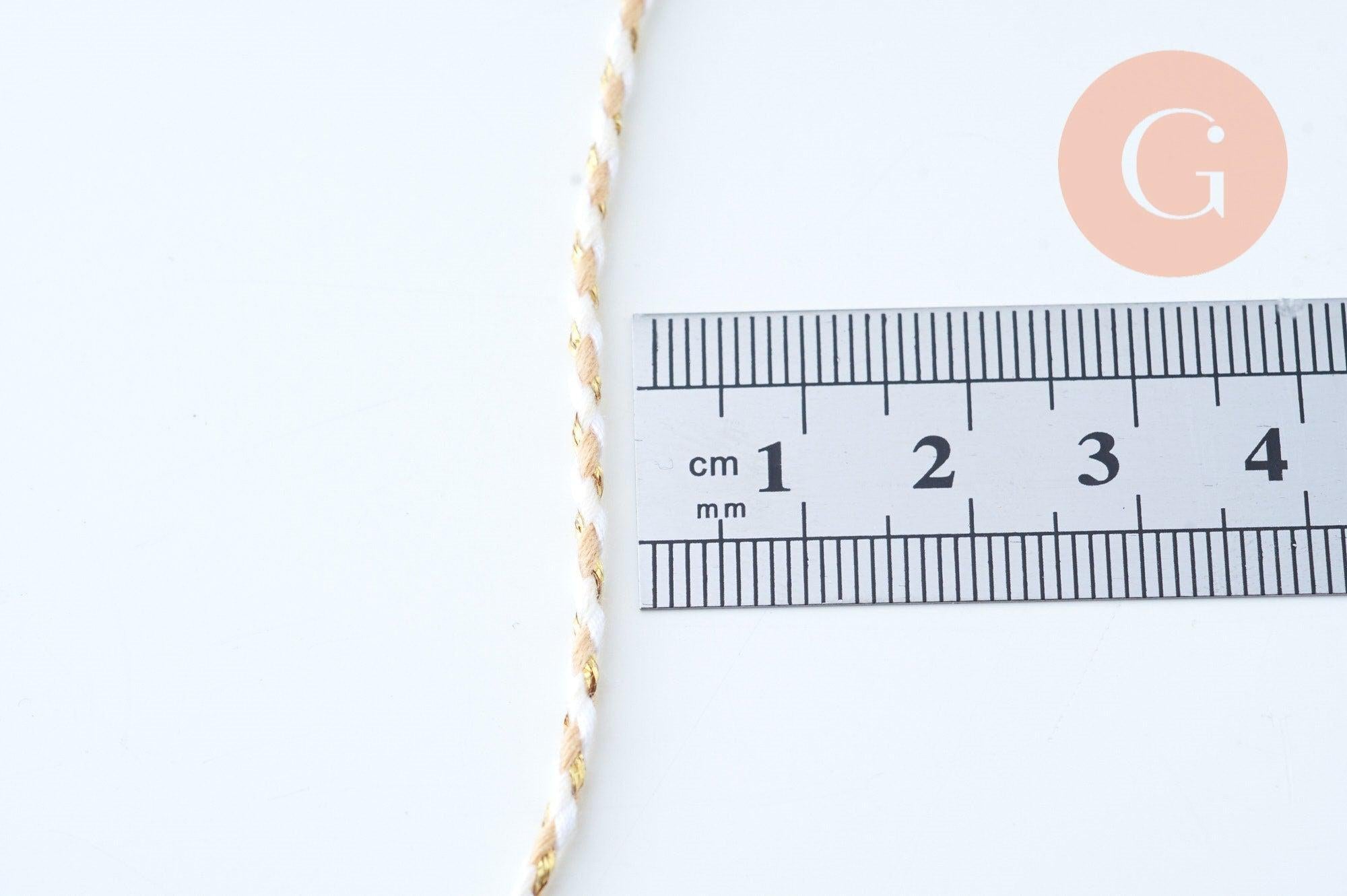Cordon tressé blanc beige fil doré 1.5mm-2mm, x1 mètre (G6069)