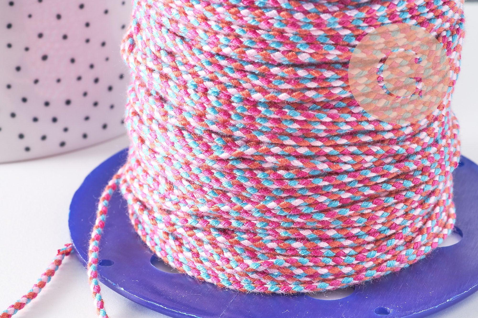 Cordon tressé blanc rose bleu 2mm, cordon pour bijoux,cordon multicolore scrapbooking, x1 mètre,G5938